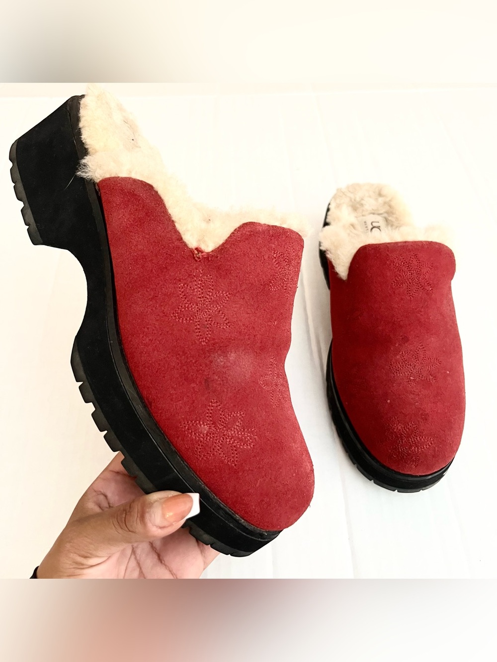 UGG | Floral Red Suede Shearling-Lined Slip-On Platform Clog